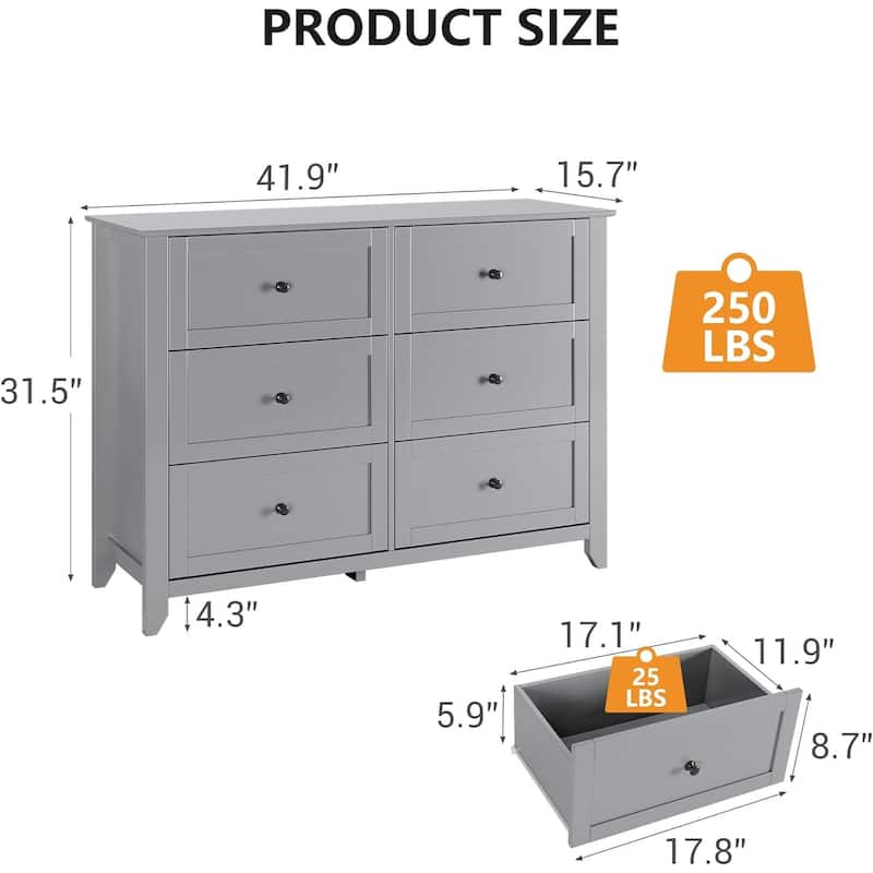 6 Drawer Dresser for Bedroom, Wooden Chest with Deep Drawers and Metal Knobs for Entryway, Hallway, or Kids Room