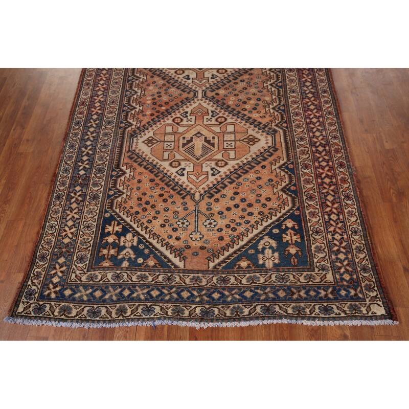 Geometric Bakhtiari Persian Vintage Rug Handmade Orange Wool Carpet - 4'11" x 10'0"
