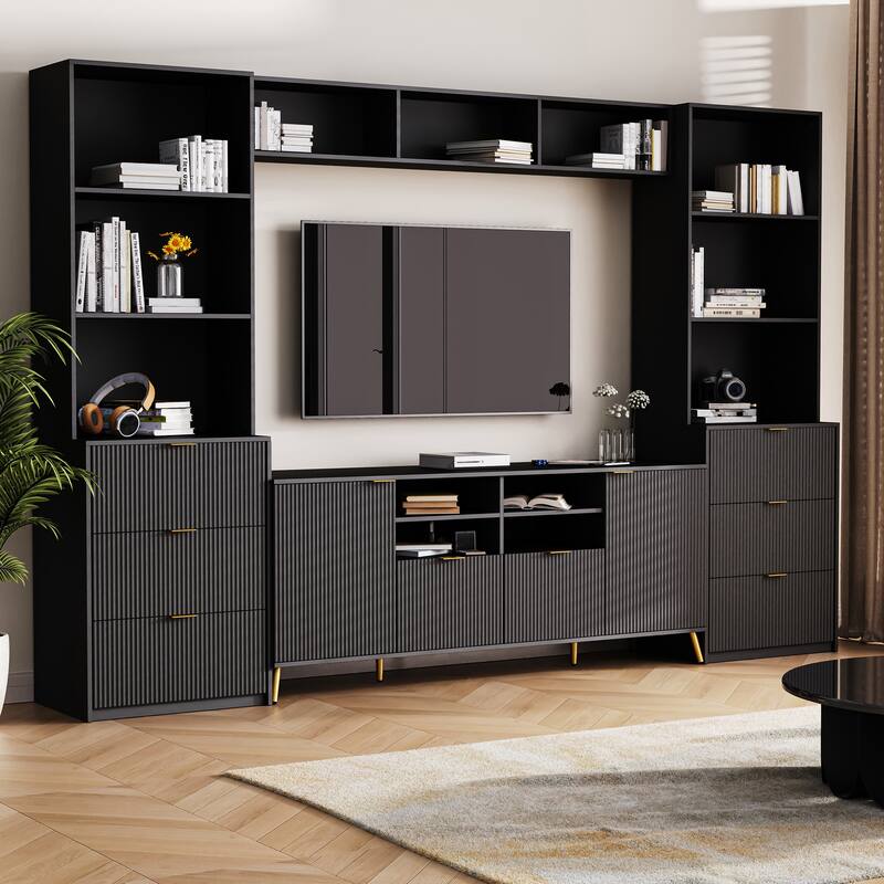 Multifunctional 4-Piece TV Wall Unit with 13 Shelves, 8 Drawers, & 2 Cabinets, Fluted Line Design, for Living Room