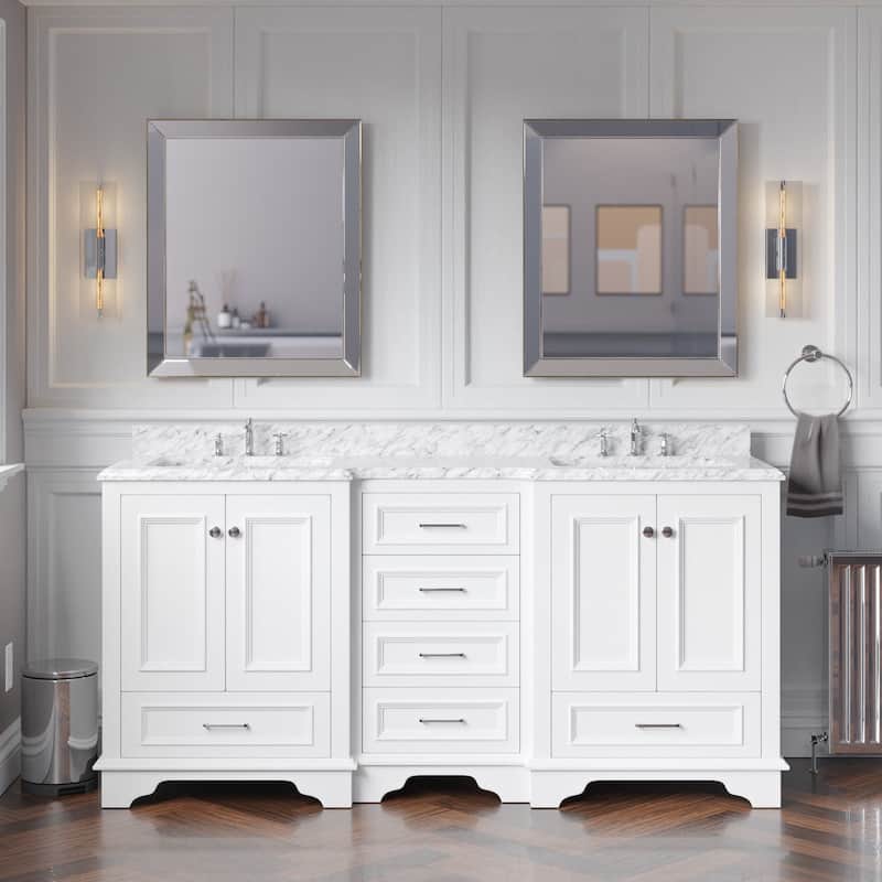 KitchenBathCollection Nantucket 72" Double Bathroom Vanity with Carrara Marble Top - White