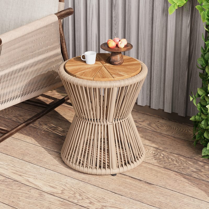 Scott Living - Nara 18.9"H Modern Outdoor Acacia Wood and Woven Rope Side Table, Tapered Cylindrical Silhouettes Design
