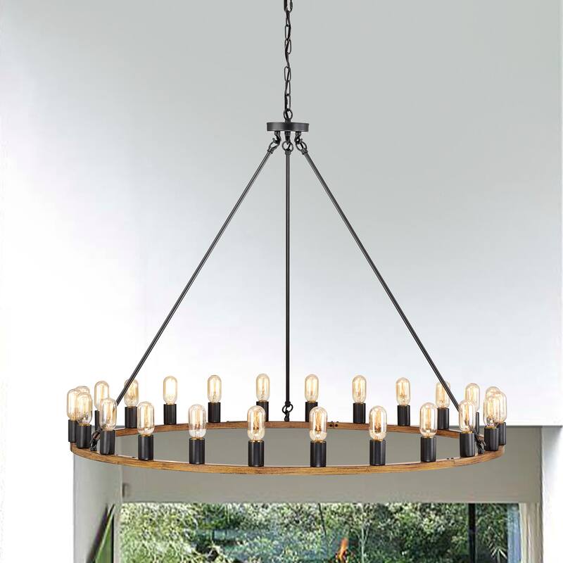 Nate Wood Grain+Smith Iron 24-Light 47-Inch Round Wagon Wheel Chandelier