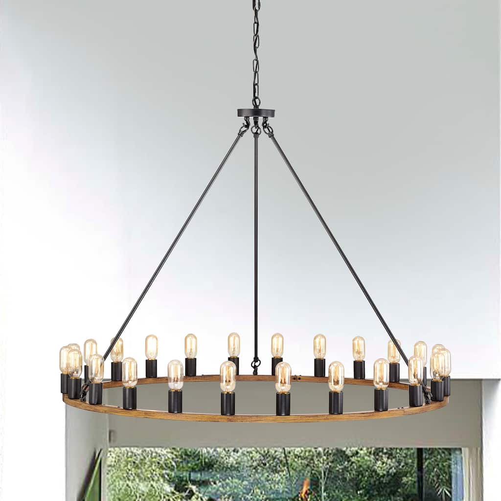Nate Wood Grain+Smith Iron 24-Light 47-Inch Round Wagon Wheel Chandelier
