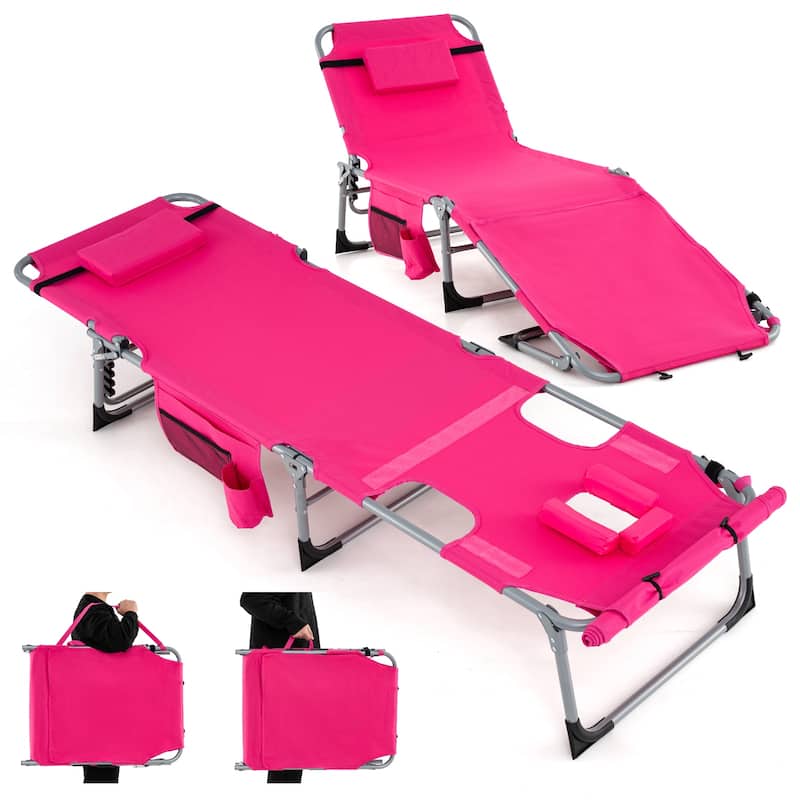 Gymax Outdoor Folding Chaise 5-Position Lounge Chair w/ Face Hole & - Pink