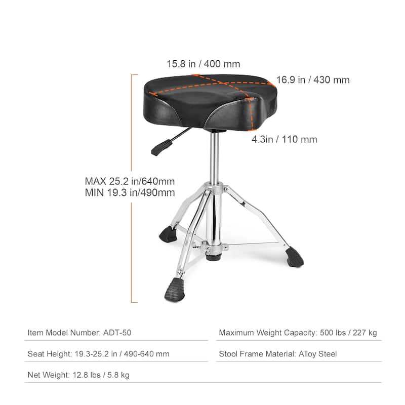Drum Throne with Backrest ydraulic Saddle Padded Drum Stool Seat with Anti-Slip Feet Drumsticks