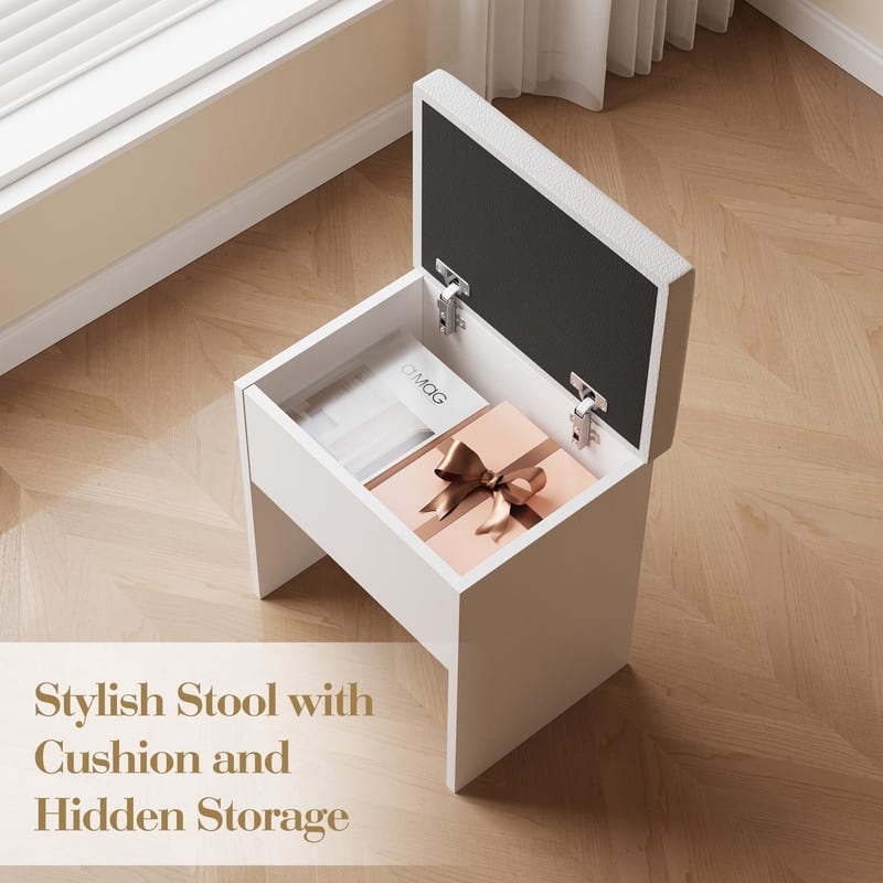 Makeup Vanity Desk with Mirror, Charging Station, Storage Drawers， Stool