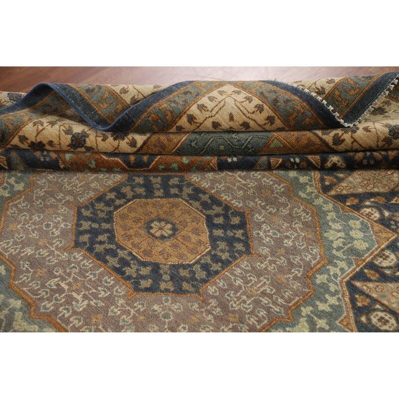 Hand Knotted Oriental 100% Wool Carpet Traditional Geometric Navy Blue & Blues Kazak Area Rug - 9' 10'' X 7' 11''