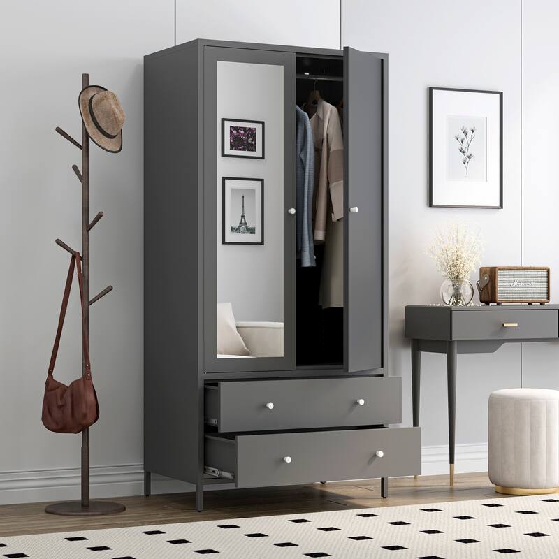 Metal Armoire Wardrobe Closet with 2 Drawers and Mirror Door and Hanging Rod, Metal Clothing Storage Cabinet Garment Organizer - Gray