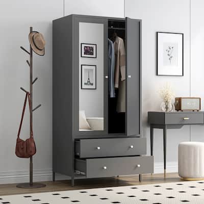 Mirror Door Wardrobe Metal Armoire Closet with 2 Drawers & Hanging Clothes Rod, Bedroom Clothing Storage Cabinet Organizer, Gray