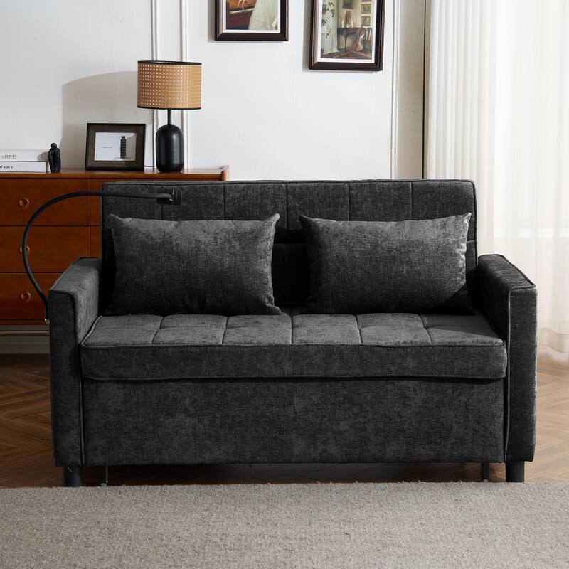 Pull-Out Sofa Bed Sleeper Sofa with A Reversible Backrest Cushion, Side Pockets, Two USB Ports and a Phone Holder