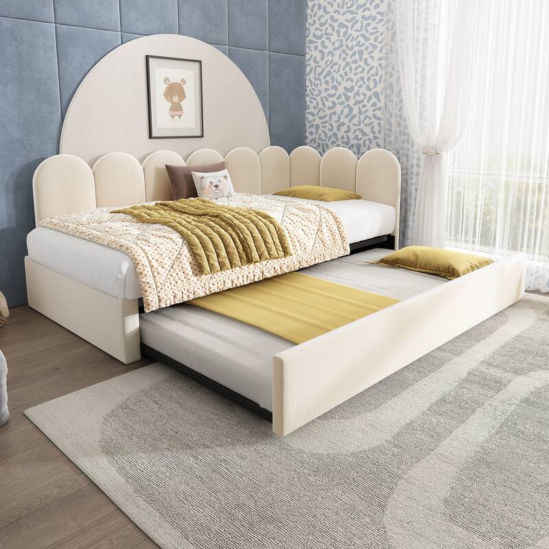 Twin Size Velvet Upholstered Daybed with Pull-Out Trundle, Metal Frame, Beige