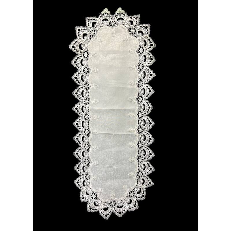 White Floral Lace Embroidered Cutwork Rectangular Table Runner, 17 by 43 inch Table Linen Decor, Water Resistance - 17 x 43"