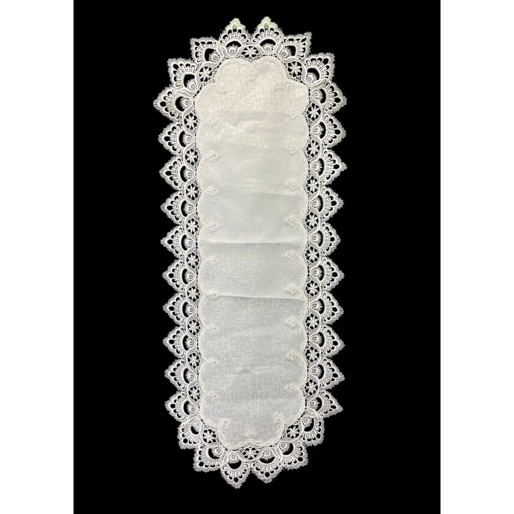 White Floral Lace Embroidered Cutwork Rectangular Table Runner, 17 by 43 inch Table Linen Decor, Water Resistance - 17 x 43"