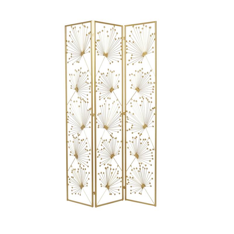 Gold Metal Hinged Foldable Partition 3 Panel Floral Partition Room Divider Screen with Crystal Embellishments - 46 x 1 x 71