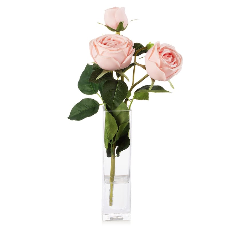 Enova Home Artificial Silk Rose Flower in Clear Glass Vase Faux Rose Flower with Vase For Home Office Decoration - N/A - Pink