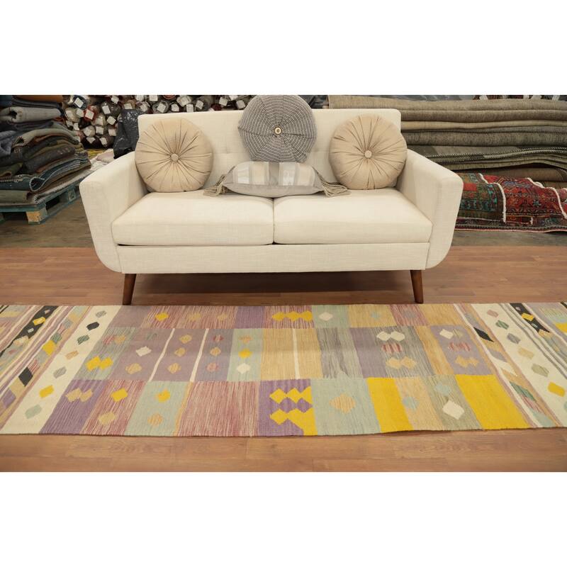 Hand Woven Oriental 100% Wool Carpet Southwestern Modern Multi-Colored Kilim Runner Rug - 9' 7'' X 2' 8''
