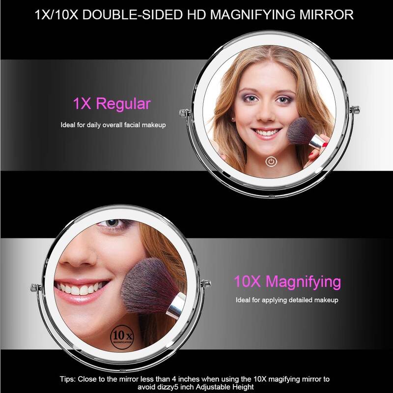 Makeup Mirror with Lights, 360° Swivel 1/10x Magnifying Tabletop Mirror w/Touch Sensor & Type-C Charging Port