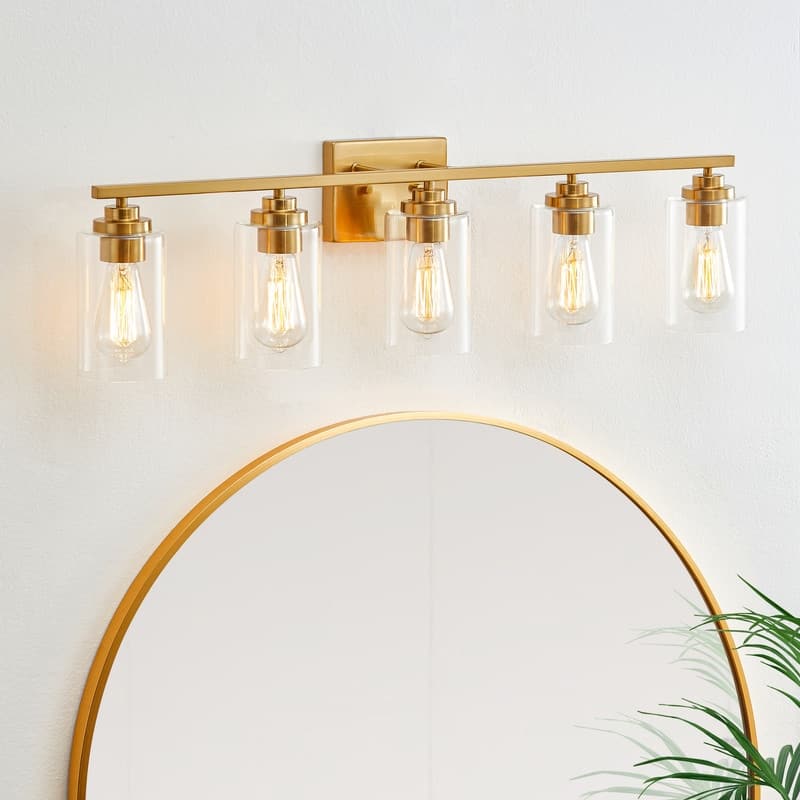 KAWOTI 5-Light Dimmable Bathroom Vanity Light with Clear Glass Shade - Antiqued Brass