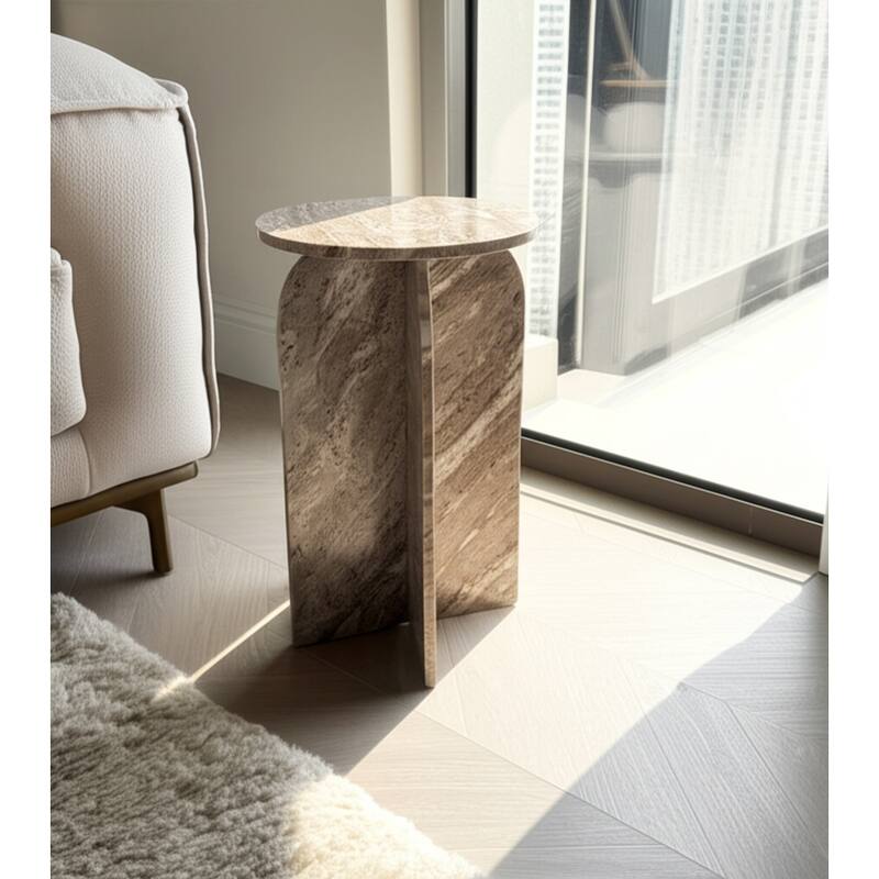 Marble Accent Table Modern Sculptural Architectural Split-Base Design - Tan - 14" x 14" x 24"