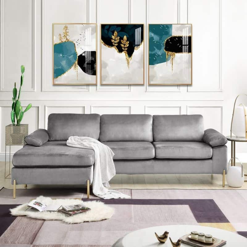 Velvet Upholstered L-shaped Sectional Sofa with Wood Frame and Metal Legs - Grey