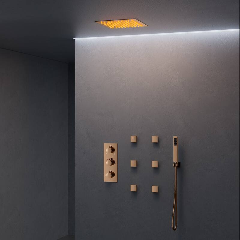 64-Color LED Mood Lighting Thermostatic Shower Faucet System with 12" Rain Shower Head , Body Jet and Handheld Spray