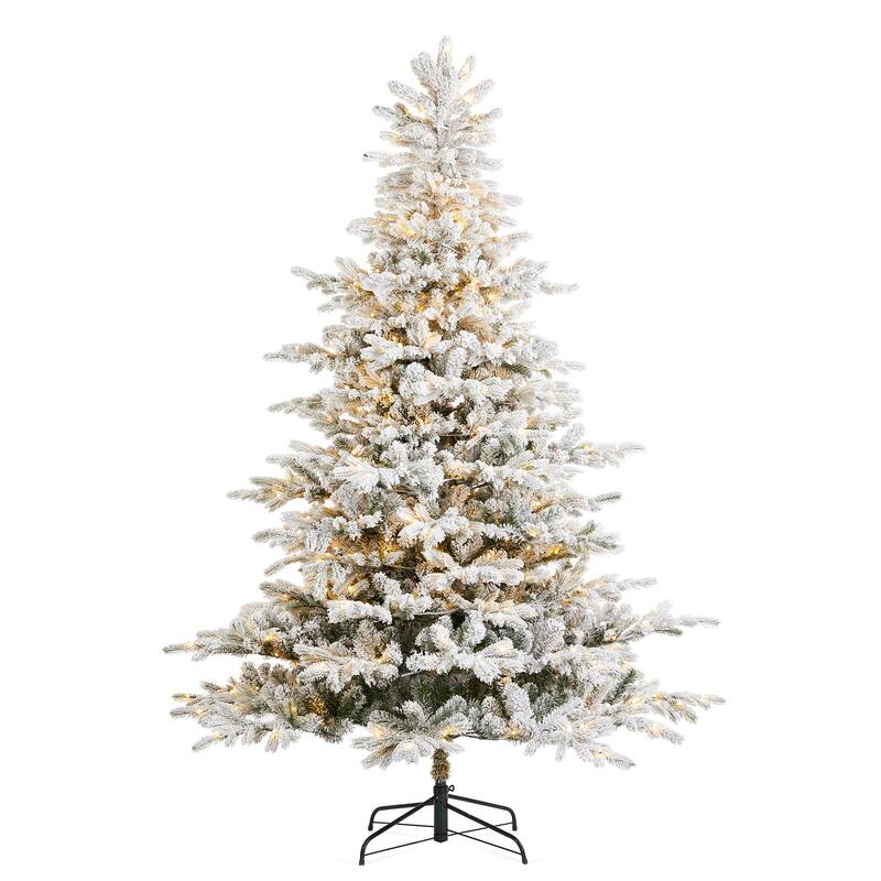 Glitzhome 6FT/7.5FT/9FT/11FT Snow Flocked Pre-lit Artificial Fir Christmas Trees