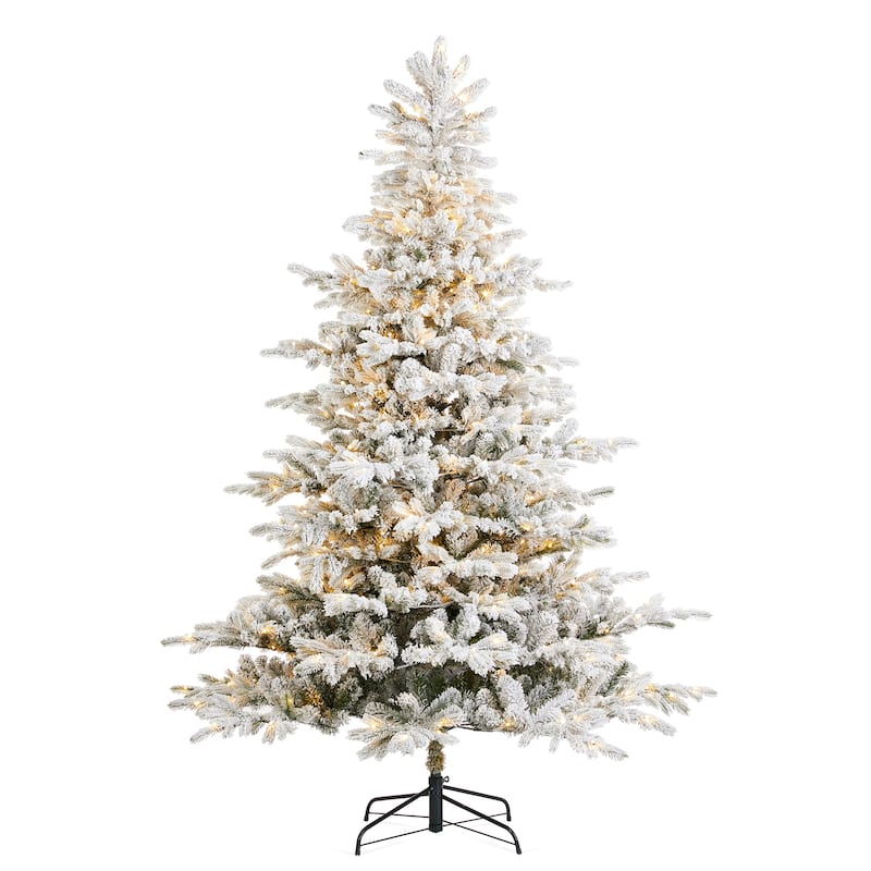 Glitzhome 7.5ft/9ft Pre-Lit Flocked Full Fir Artificial Christmas Trees with Foot Pedal