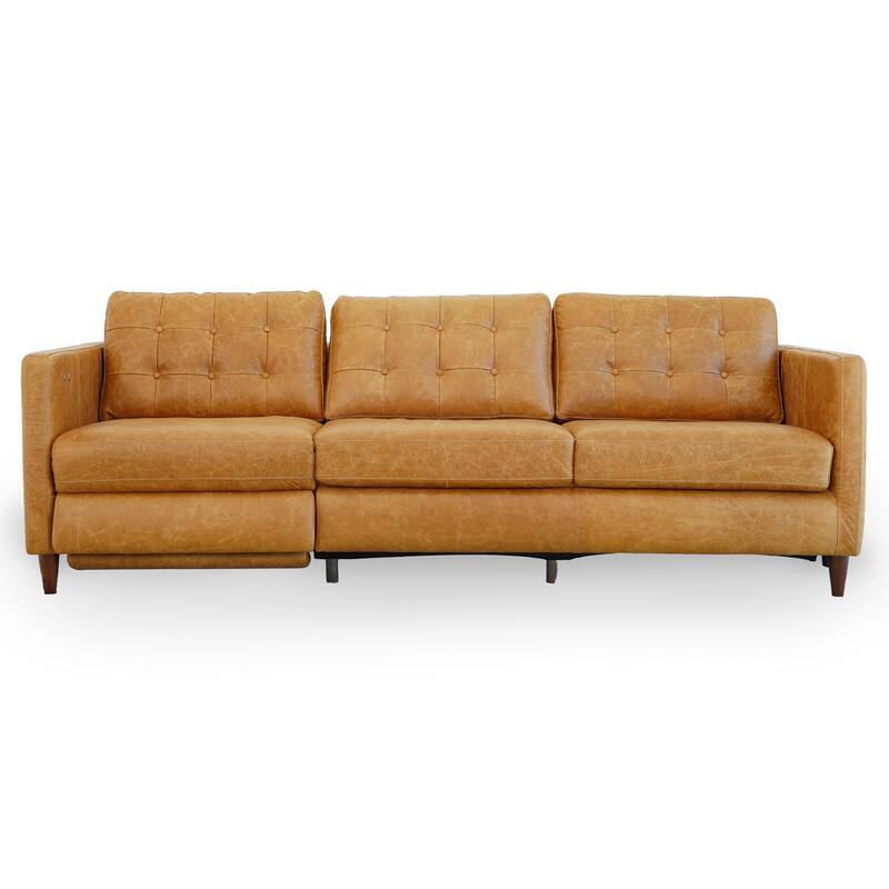 Ellis Mid-Century Modern Genuine Leather Power Incliner Sofa in Waxy Tan