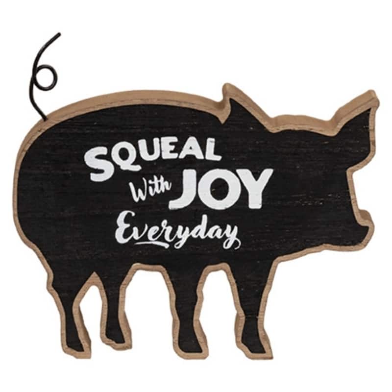 6-Inch Rustic Wooden Pig Silhouette Decor with Twisted Wire Tail and “Squeal with Joy Everyday”