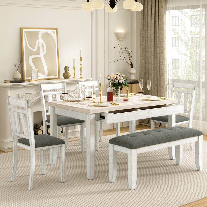Javlergo 6 Piece Dining Table Set with Bench, Solid Wood Kitchen Table Set with 4 Upholstered Chairs and Bench for Kitchen - 7-Piece Sets