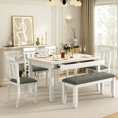 Javlergo 6 Piece Dining Table Set with Bench, Solid Wood Kitchen Table Set with 4 Upholstered Chairs and Bench for Kitchen