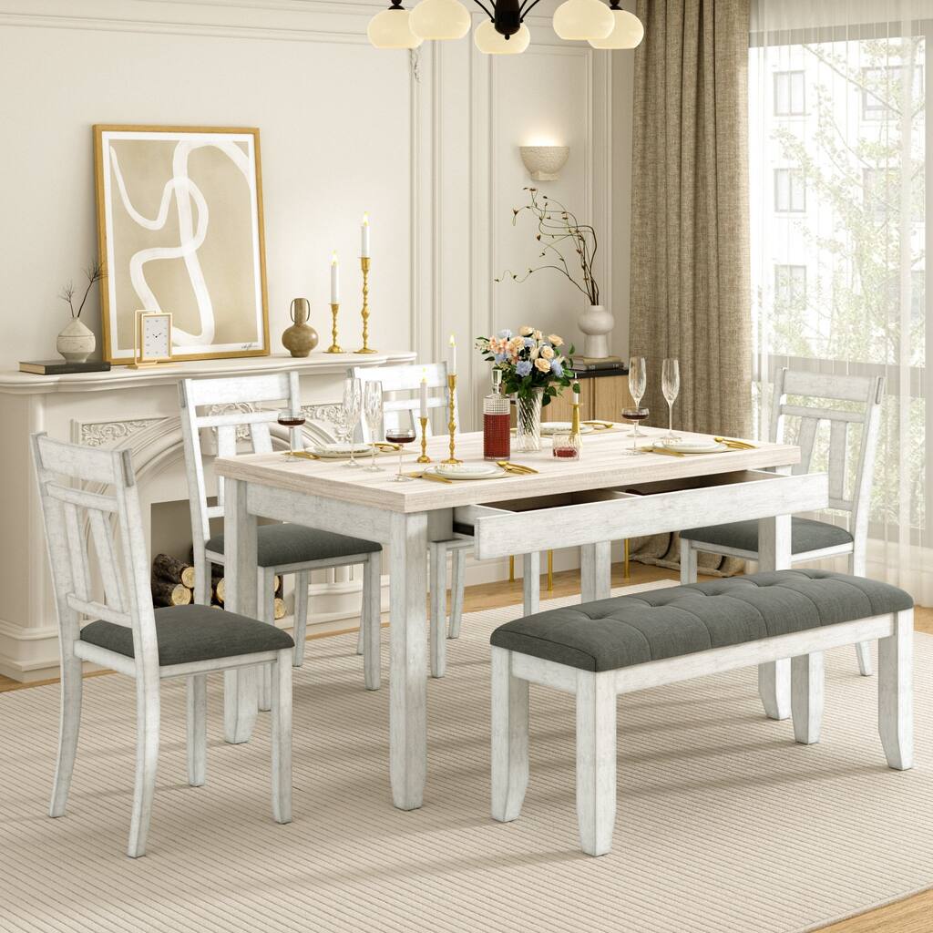 Javlergo 6 Piece Dining Table Set with Bench, Solid Wood Kitchen Table Set with 4 Upholstered Chairs and Bench for Kitchen