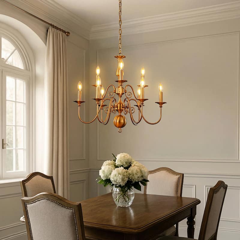 French Country Dimmable Antique Brass Chandelier Adjustable Chain Vintage Pendant Light for Dining Room