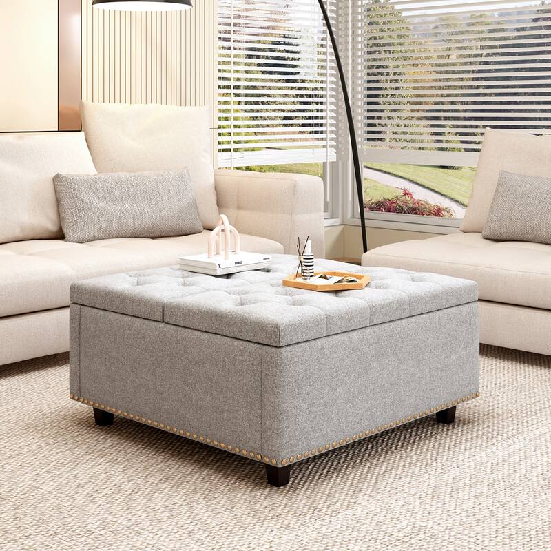 Large Square Ottoman with Storage - Light Gray