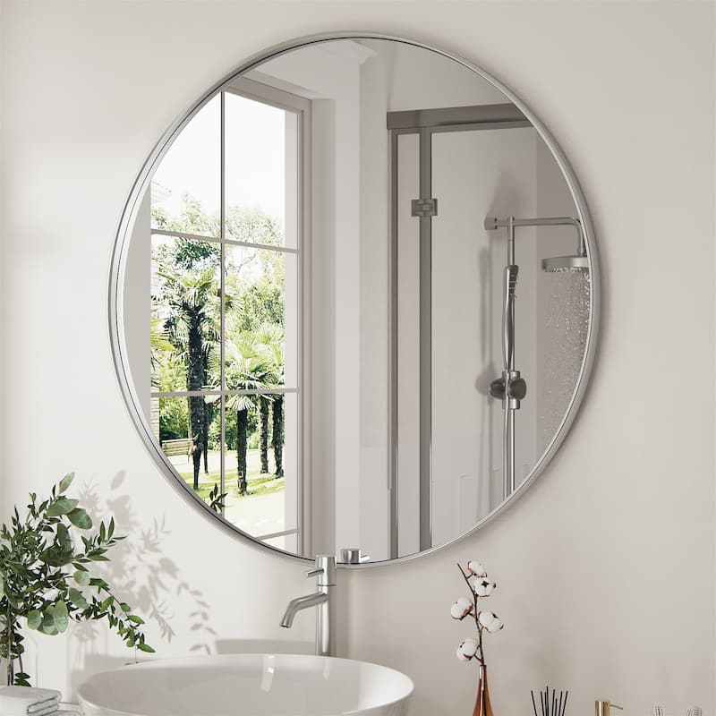 Round Wall Mirror with Metal Frame for Bathroom Vanity(1 Piece) - 24W * 24H Inches - Silver