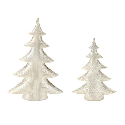 Porcelain Shimmer Pine Christmas Tree Decorations - 13.5" - Gold - Set of 2