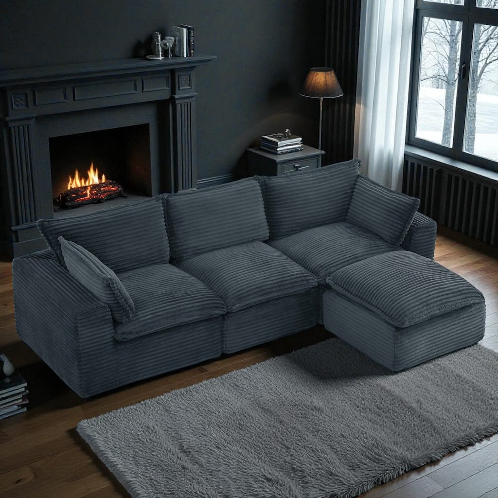 Cloud Sectional Sofa, Convertible L-Shape Corduroy Couch with Ottoman, 4-Seat Plush Living Room Compressed Sofa
