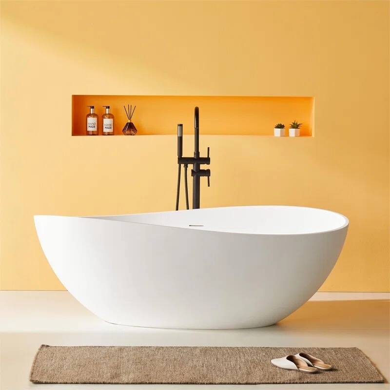 ABRUZZO 63" x 37" Freestanding Solid Surface Soaking Bathtub with Overflow & Pop-up Drain - Matte White - 63"