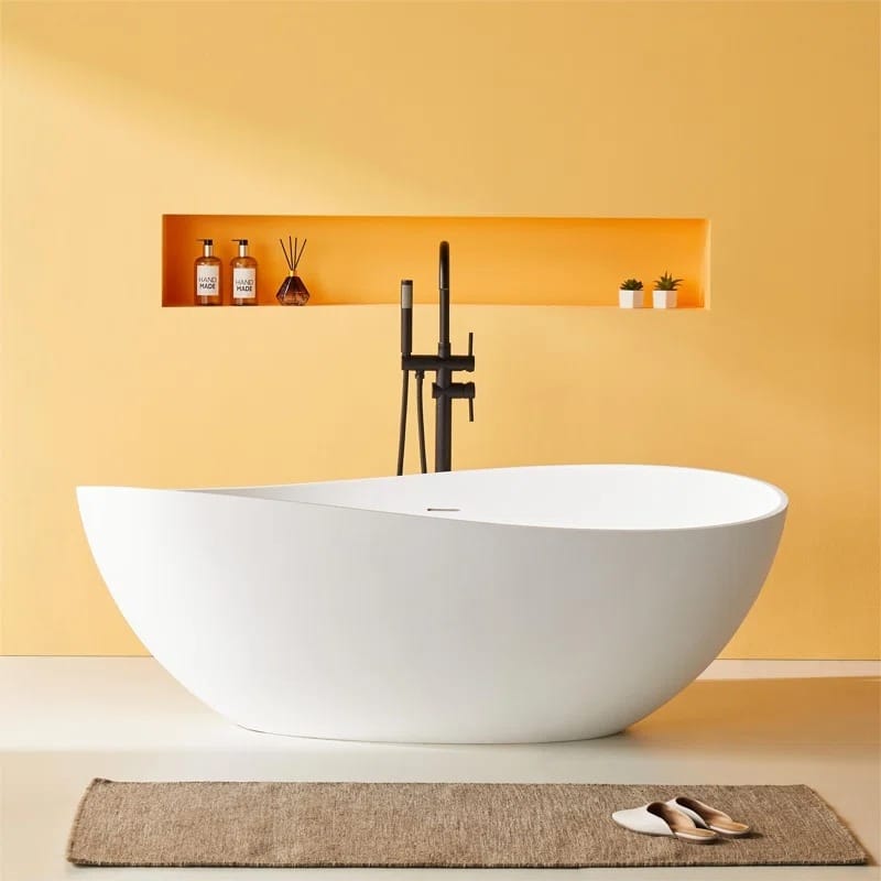 ABRUZZO 63" x 37" Freestanding Solid Surface Soaking Bathtub with Overflow & Pop-up Drain