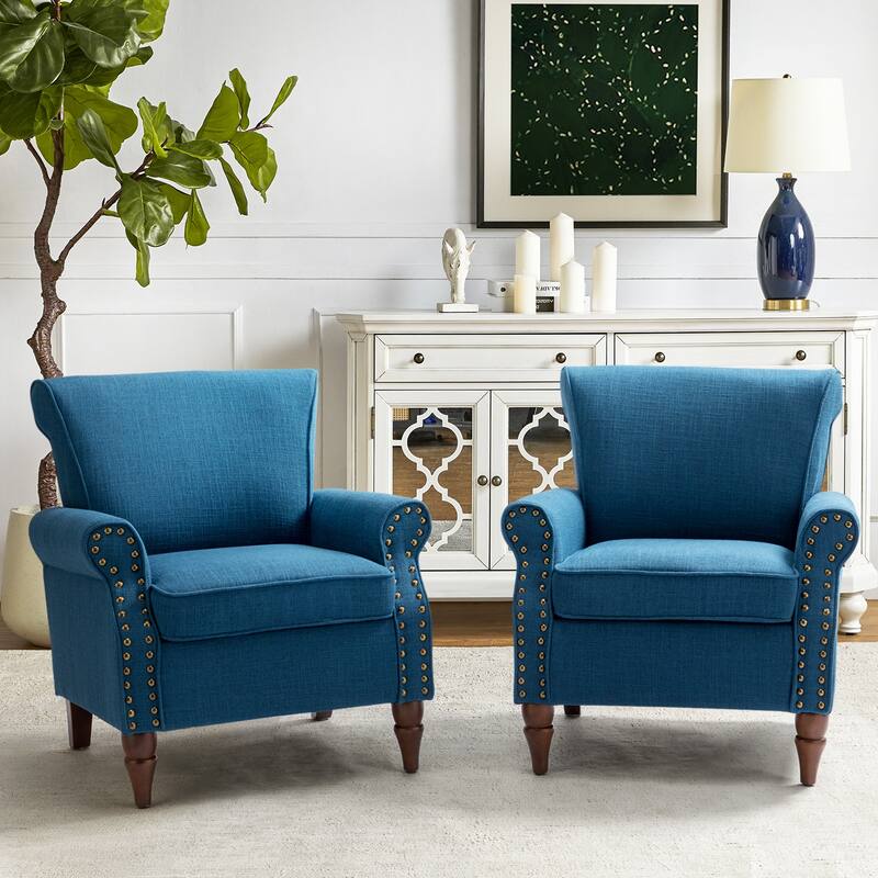 Nyctelius Upholstered Comfy Accent chair with Turned Wooden Legs and Nailhead Trim Set of 2 by HULALA HOME