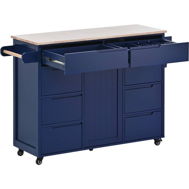 Kitchen Island with 8 Handle-Free Drawers, Rubber Wood Top, Flatware Organizer & 5 Wheels for Storage & Organization
