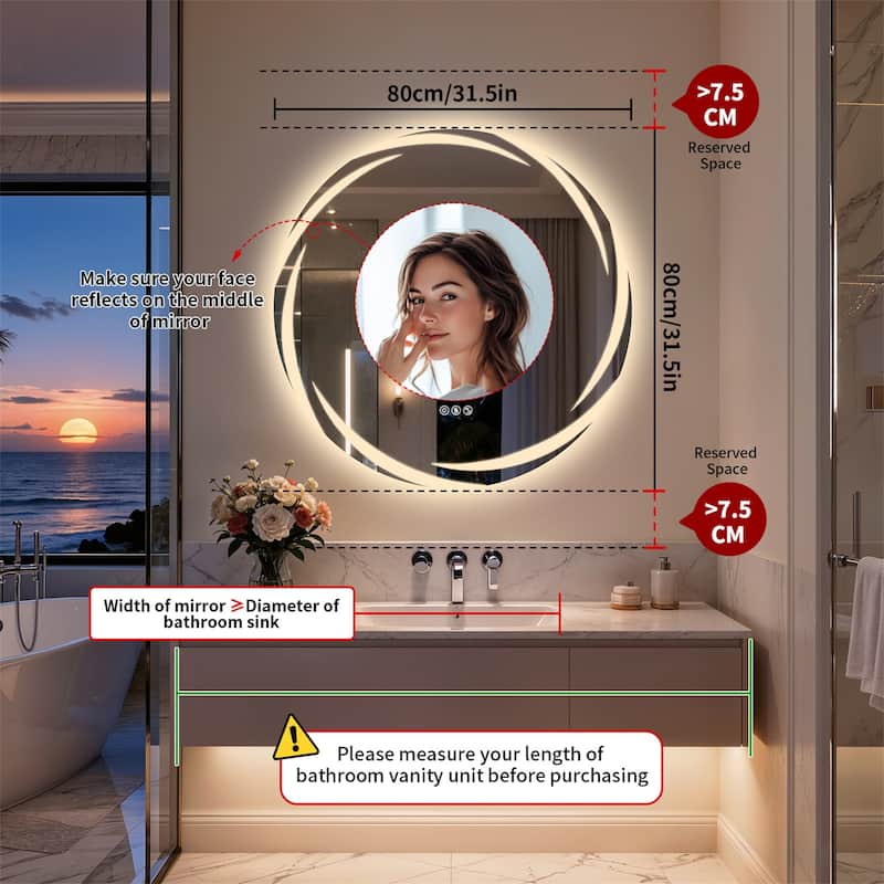 32" Round Bluetooth Speakers Vanity Mirror Wall Mounted Bathroom Mirror - 31.50"x31.50"