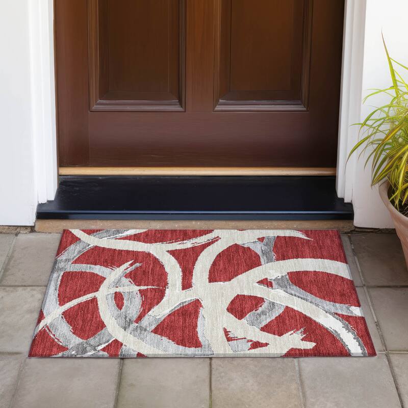 Machine Washable Indoor/ Outdoor Abstract Contemporary Chantille Rug - Red - 1'8" x 2'6"