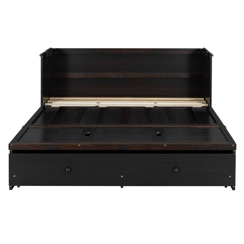 Queen Size Murphy Bed with USB Port and Large Drawer, Space-Saving Design, No Box Spring Needed, Espresso Finish