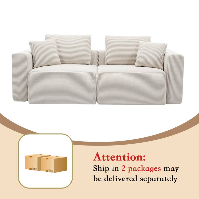 Corduroy Sectional Modular Sofa with Square Arms & Ottoman Extension for Flexible Arrangements