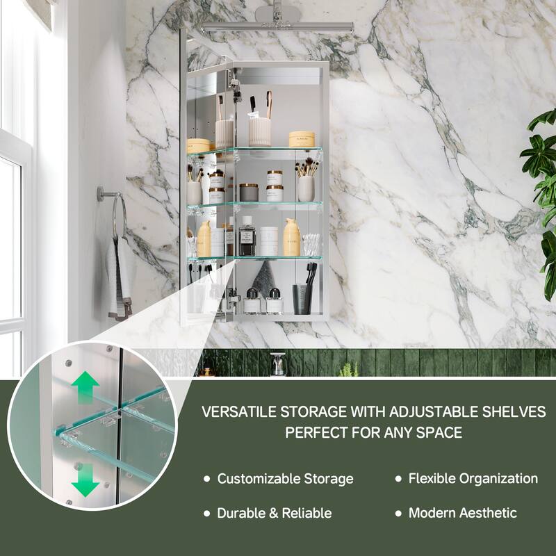 12x30 in Mirrored Medicine Cabinet, Tri-View, Soft-Close Blum Hinges, Recessed/Surface Mount, Anodized Chrome Aluminum