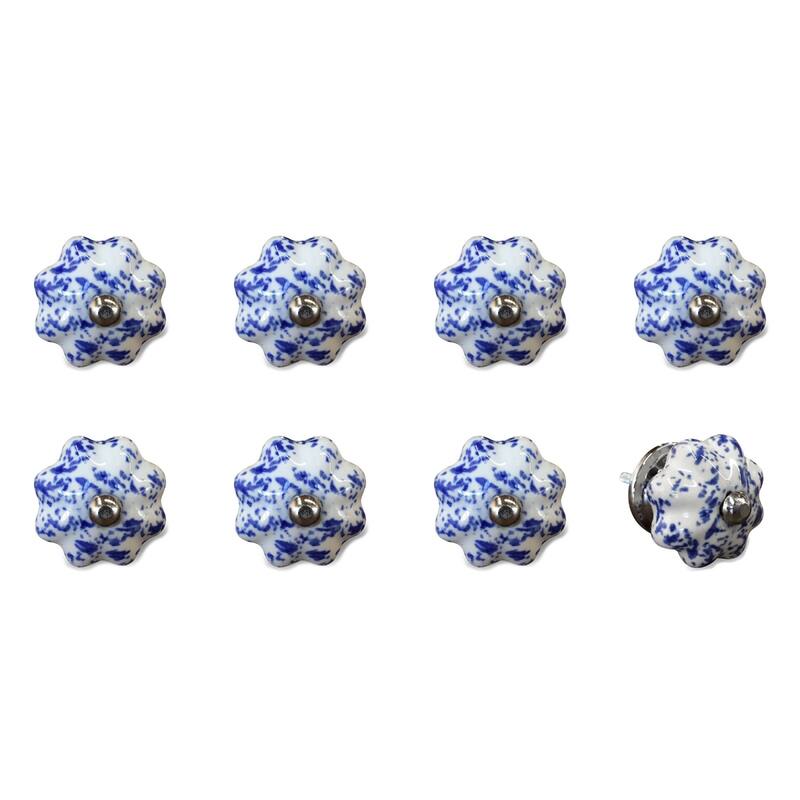 Set of 8 Blue and White Ceramic Flower Cabinet Pull Knobs with Silver Backplate for Living Room - 1.5” x 1.5” x 1.5”