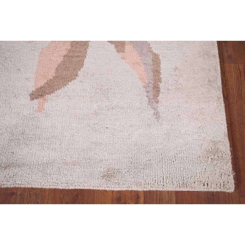Handmade Abstract Indian Area Rug Oriental Beige Wool & Silk Carpet - 5'5"x 8'5"