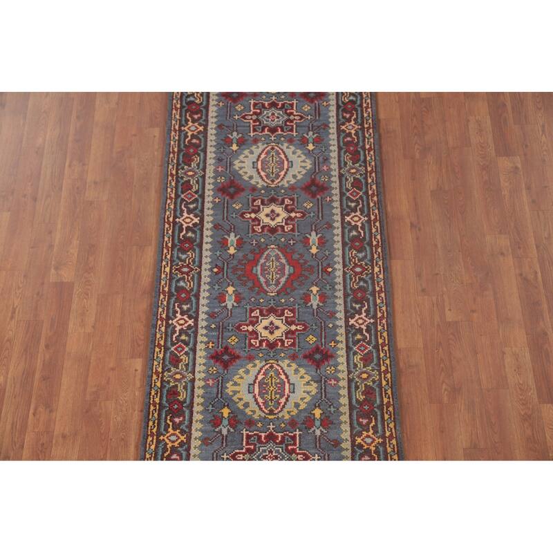 Geometric Kazak Runner Rug Handmade Blue Traditional Wool Carpet - 2'8"x 8'0"