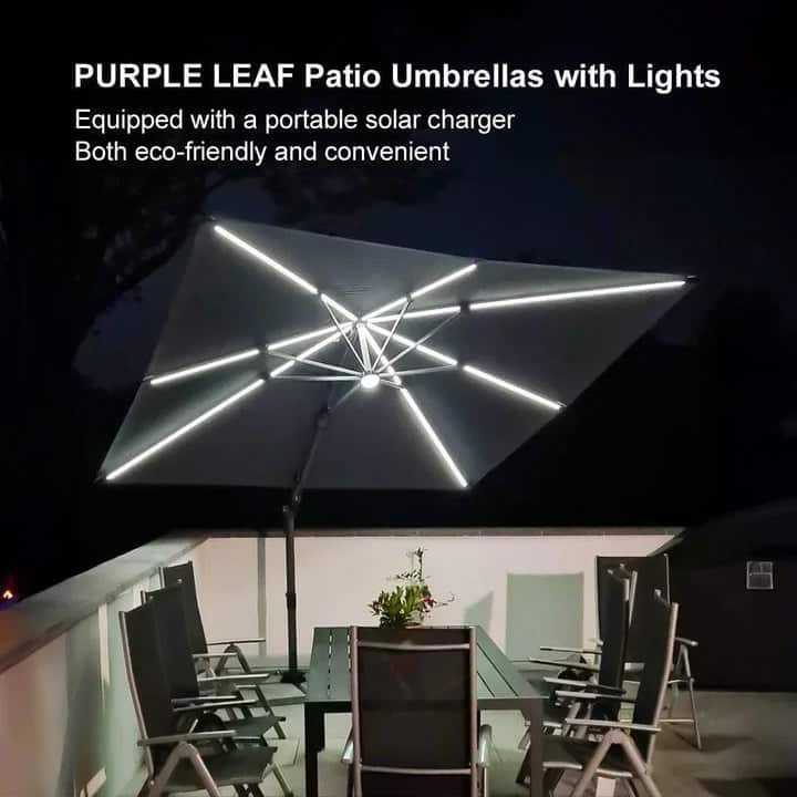 PURPLE LEAF 10 ft Solar Powered LED Patio Cantilever Umbrella with 360-degree Rotation